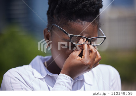 Headache, stress or mental health and a frustrated or sad black woman with depression outside. Anxiety, pain or anger and a female struggling with burnout, compliance or making a mistake outdoors Headache, stress or mental health and a frustrated or sad black woman with depression outside. Anxiety, pain or anger and a female struggling with burnout, compliance or making a mistake outdoors 110349359