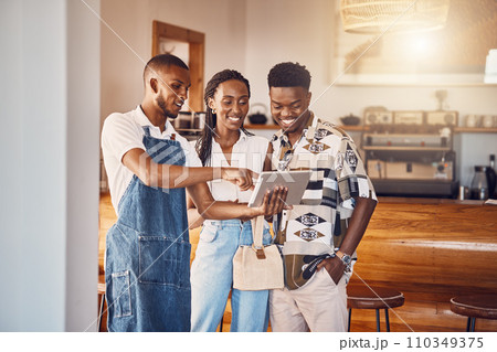 Restaurant owner working on digital tablet to plan and discuss business budget with investors. Startup business, entrepreneur and man leader showing happy customers the food menu on technology. 110349375