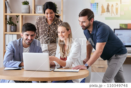 Happy, support and smile from team on laptop for good news, success on startup business deal or company sale target goal. Wow, reading email and people smiling for company employee promotion winner. 110349748
