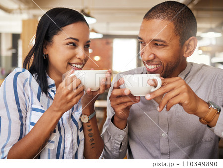 Romance, fun and coffee date with happy couple at a cafe or restaurant, bonding, in love and talking. Young boyfriend and girlfriend enjoying their relationship and free time on the weekend together Romance, fun and coffee date with happy couple at a cafe or restaurant, bonding, in love and talking. Young boyfriend and girlfriend enjoying their relationship and free time on the weekend together 110349890