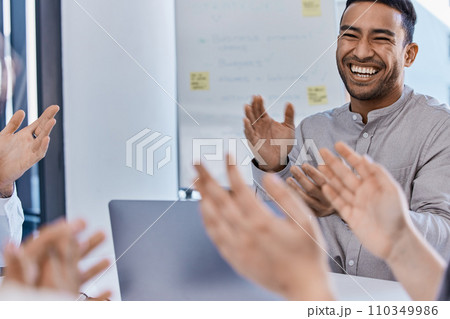 Clapping, workshop or teamwork business meeting with happy creative marketing worker and office laptop. Diversity, motivation or planning innovation idea in success training or education presentation 110349986