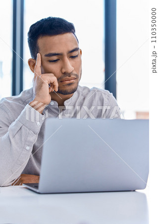 Thinking, idea development and business strategy of a businessman working at a office computer. Corporate finance worker focus and attention planning b2b investment growth and company job analytics 110350000
