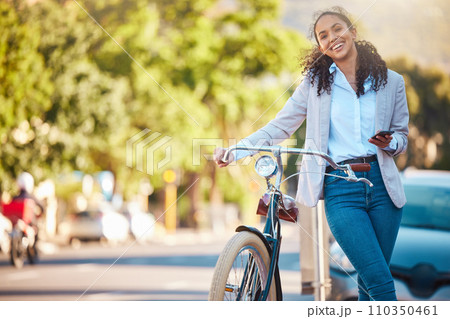 Eco friendly, worker travel and bike break outside in city. Business woman commuting with bicycle to reduce carbon footprint. Sustainability person traveling with green mindset and responsibility. 110350461