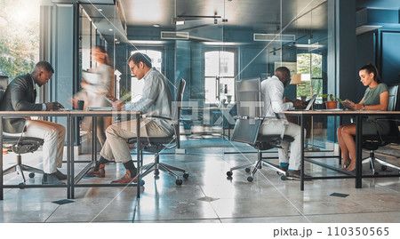 Coworking space, office and sharing desk in corporate workplace. Diversity, efficiency and modern working environment for inclusive company. Start up and motion blur of fast and busy employees Coworking space, office and sharing desk in corporate workplace. Diversity, efficiency and modern working environment for inclusive company. Start up and motion blur of fast and busy employees 110350565