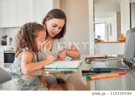 Mother, child and learning of parent helping her daughter with homework in the kitchen for education at home. Mom teaching her girl school work, project or task in her book together at the house. Mother, child and learning of parent helping her daughter with homework in the kitchen for education at home. Mom teaching her girl school work, project or task in her book together at the house. 110350594
