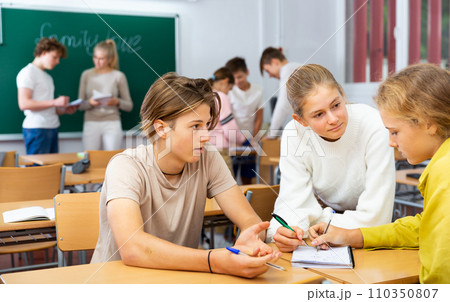 Schoolchildren study together in group lessons in school class Schoolchildren study together in group lessons in school class 110350807