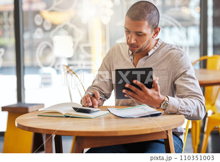 Accountant, entrepreneur or business man with a tablet calculating profit, startup growth and planning budget at a coffee shop. Freelance worker on digital app working on accounting or tax in cafe 110351003
