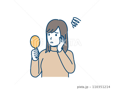 手鏡を見て困る表情をした若い女性のイラスト 110351214