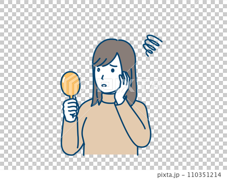 手鏡を見て困る表情をした若い女性のイラスト 110351214