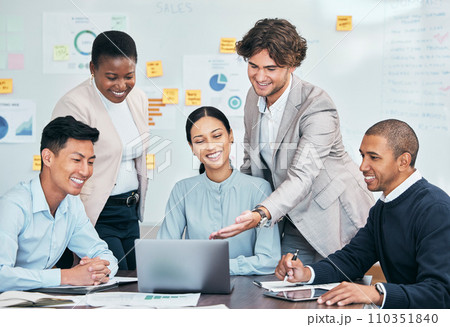 Teamwork, innovation and planning business people with a laptop looking at work presentation in group discussion meeting or sharing idea. Businessman and woman working with good sales marketing seo Teamwork, innovation and planning business people with a laptop looking at work presentation in group discussion meeting or sharing idea. Businessman and woman working with good sales marketing seo 110351840