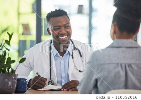 Doctor talking to patient in medical consultation, checkup and visit in a clinic, hospital and healthcare center. Professional, gp and frontline worker listening and writing prescription medication 110352016