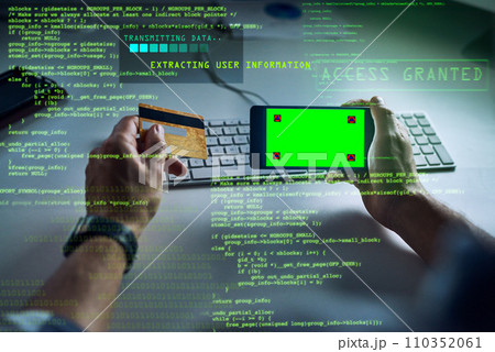 Hacking credit card with phone, green screen chromakey markers or copy space and sci fi graphic data. Cyberpunk, information technology or software hacker man stealing online or phishing with malware 110352061