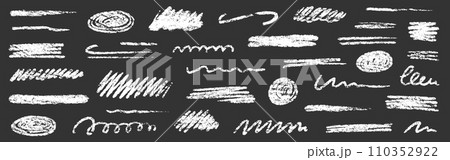 Chalk brush underline stroke set. Crayon marker highlight scribble stroke. Vector hand drawn brush underline element set for accent, crayon texture emphasis element. Rough chalk vector 110352922
