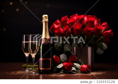 Champagne and beautiful roses bouquet by Generative Ai Champagne and beautiful roses bouquet by Generative Ai 110353126