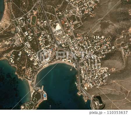 Ocean, buildings and top view of earth map with nature, water and residential landscapes. Globe, land and aerial of sea with field and houses from aerospace satellite for environment development. 110353637