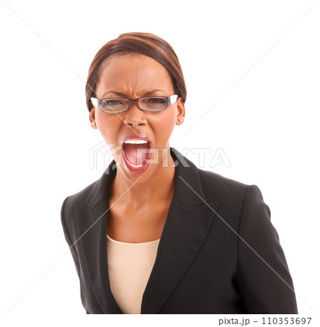Portrait, screaming and black woman with business, angry and employee isolated on a white studio background. Face, African person or worker with stress, frustrated and shouting with crisis or emotion Portrait, screaming and black woman with business, angry and employee isolated on a white studio background. Face, African person or worker with stress, frustrated and shouting with crisis or emotion 110353697