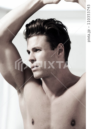 Bodybuilder, thinking and shirtless portrait of man with fitness, health and planning goals. Body, arms and chest of topless model with muscle from exercise, sports or training in home, gym or mockup Bodybuilder, thinking and shirtless portrait of man with fitness, health and planning goals. Body, arms and chest of topless model with muscle from exercise, sports or training in home, gym or mockup 110353743