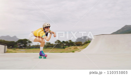 Roller skate, extreme sports and woman riding fast with speed in a skate park with mockup space outdoors. Rollerskate, skater and female skating practicing or training with safety helmet Roller skate, extreme sports and woman riding fast with speed in a skate park with mockup space outdoors. Rollerskate, skater and female skating practicing or training with safety helmet 110353803