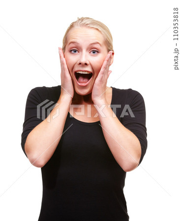 Wow, news and hands on face of woman in studio excited for deal, announcement or information on white background. Omg, surprise or portrait of lady model with emoji shock gesture for feedback results 110353818