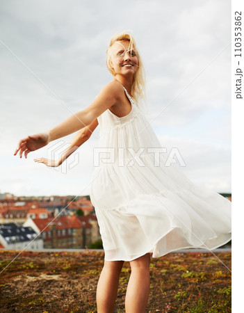 Woman, happy and dancing on holiday, summer and outdoor for vacation, smiling and city. Freedom, dancer and urban area for break, getaway and carefree on trip, countryside and amsterdam spring time Woman, happy and dancing on holiday, summer and outdoor for vacation, smiling and city. Freedom, dancer and urban area for break, getaway and carefree on trip, countryside and amsterdam spring time 110353862
