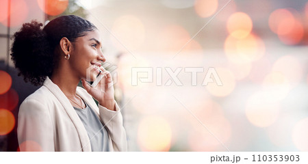 Phone call, bokeh and business woman in the city for discussion on b2b deal, agreement or merge. Technology, smile and professional African female hr on mobile conversation with cellphone in town. 110353903