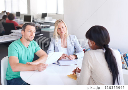 Business people, job interview and paper for startup career and manager in meeting at tech company. Professional clients or employer with documents, resume or CV for information technology onboarding Business people, job interview and paper for startup career and manager in meeting at tech company. Professional clients or employer with documents, resume or CV for information technology onboarding 110353943