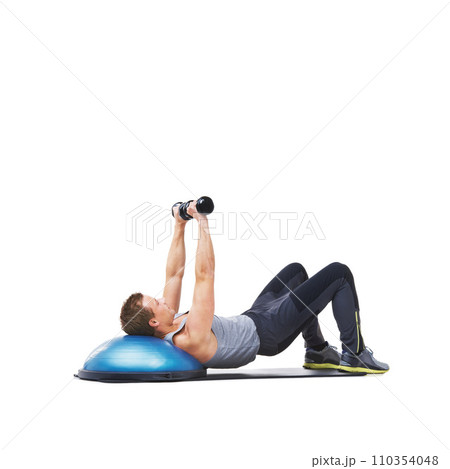 Fitness, bosu ball or man in dumbbell exercise performance for wellness in studio on white background. Strong male bodybuilder, athlete or training equipment for mockup space, challenge or weights 110354048