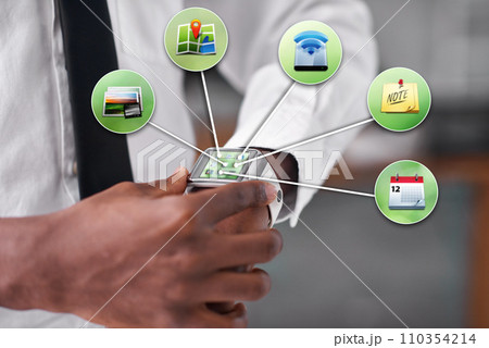 It has everything I need. Cropped view of a man wearing a smartwatch projecting system icons - All screen content is designed by us and not copyrighted by others. It has everything I need. Cropped view of a man wearing a smartwatch projecting system icons - All screen content is designed by us and not copyrighted by others. 110354214
