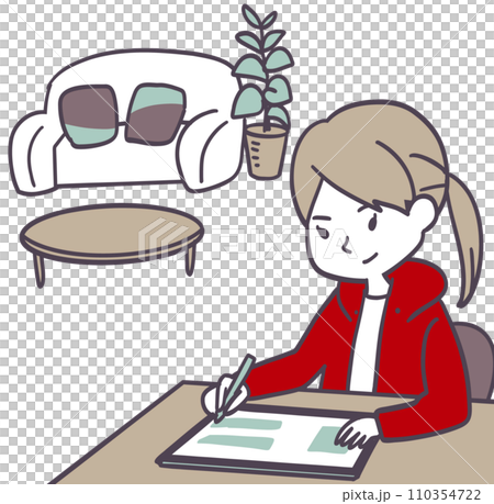 A woman studying in the living/dining room 110354722