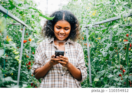 In a green haven, a happy female farmer converses on her phone, holding ripe tomatoes. Business communication technology links the farm to the community, nurturing growth and happiness. In a green haven, a happy female farmer converses on her phone, holding ripe tomatoes. Business communication technology links the farm to the community, nurturing growth and happiness. 110354912