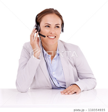Call center, thinking or happy woman in studio for communication in customer service. White background, virtual assistant or female sales agent listening with microphone to help in tech support Call center, thinking or happy woman in studio for communication in customer service. White background, virtual assistant or female sales agent listening with microphone to help in tech support 110354935