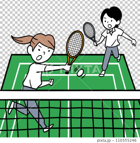 テニスコートでダブルスで練習する女の子たち 110355246