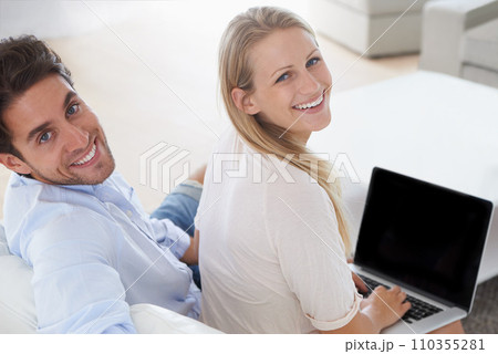 Portrait of happy couple, laptop or mockup for home planning, research or typing online. Information, back and people screen for advertising space or marketing for website sign up or registration Portrait of happy couple, laptop or mockup for home planning, research or typing online. Information, back and people screen for advertising space or marketing for website sign up or registration 110355281