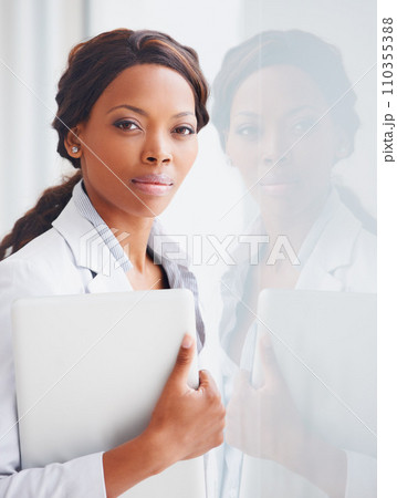 Black woman, laptop and business portrait by window, reflection and financial advisor in workplace. African entrepreneur, computer and confident face with pride, project management and modern office 110355388