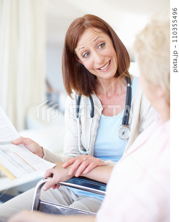 Communicating clearly so her patient understands - Senior Health. Friendly mature nurse explains the outcome of her elderly patients medical tests. Communicating clearly so her patient understands - Senior Health. Friendly mature nurse explains the outcome of her elderly patients medical tests. 110355496