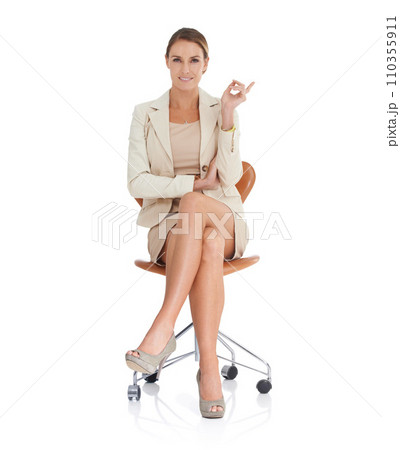 Pointing to presentation, chair or portrait of businesswoman with mockup space, offer or about us. White background, studio or happy advisor showing a discount, promotion announcement or investment 110355911