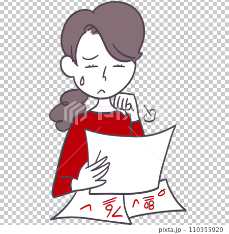 子供の返却されたテストの点数を見てショックを受ける母親 110355920