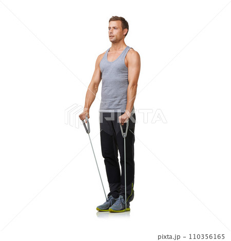 Fitness, man and resistance band for strong in studio, gym and biceps training or workout muscles. Sports person, exercise and commitment with stretching in mockup and cardio on white background 110356165