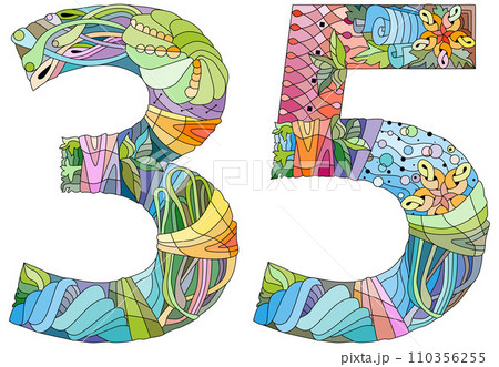 35 number vintage font. Engraving design. Vector illustration. 35 number vintage font. Engraving design. Vector illustration. 110356255