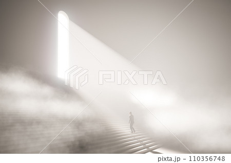 Business concept. A businessman is walking through a haze that is like a crisis. Climb the stairs to an exit with a bright light of hope, 3d render Business concept. A businessman is walking through a haze that is like a crisis. Climb the stairs to an exit with a bright light of hope, 3d render 110356748