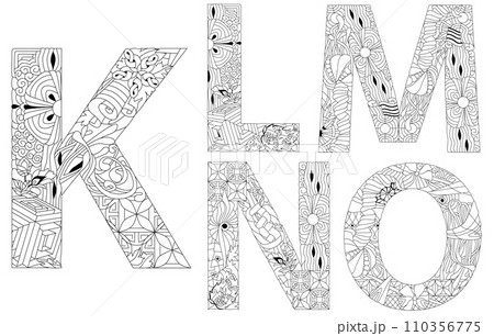 Vector of hand drawn set of Alphabet from K - O in Zentangle style for coloring pages Vector of hand drawn set of Alphabet from K - O in Zentangle style for coloring pages 110356775