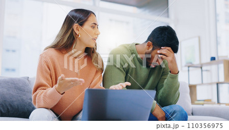 Couple, laptop and stress in home for debt, poor finance savings or budget of mortgage loan, taxes or rent. Frustrated man, angry woman or anxiety of bankruptcy, financial mistake or inflation crisis Couple, laptop and stress in home for debt, poor finance savings or budget of mortgage loan, taxes or rent. Frustrated man, angry woman or anxiety of bankruptcy, financial mistake or inflation crisis 110356975