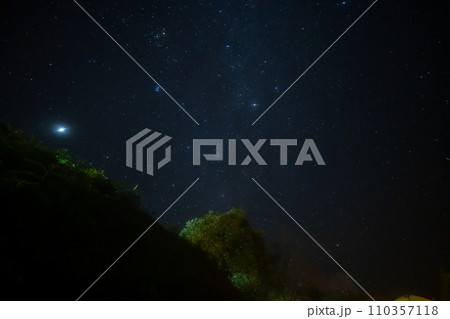 travel and people activity concept with star in the night with tree on mountain 110357118
