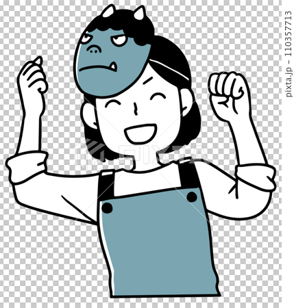 Monochromatic mother wearing a demon mask 110357713