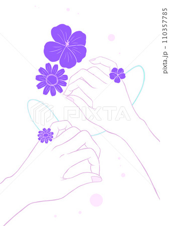 花と二人の手　パープル　背景なし 110357785