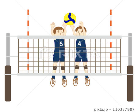 バレーボールの試合で二人でブロックをする女の子達(全身) バレーボールの試合で二人でブロックをする女の子達(全身) 110357987