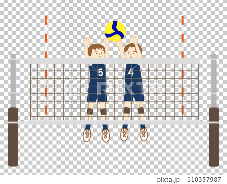 バレーボールの試合で二人でブロックをする女の子達(全身) バレーボールの試合で二人でブロックをする女の子達(全身) 110357987