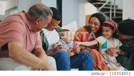 Love, smile and happy big family on sofa in the living room at modern home together. Bonding, care and young kids relaxing with parents and grandparents for generations in the lounge at house. 110358852