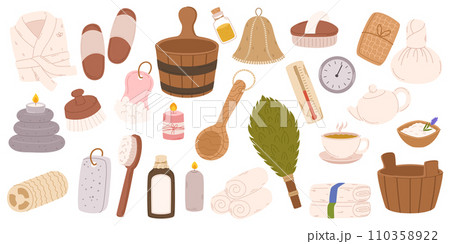Spa Sauna Items Collection Featuring Plush Towels, Aromatic Essential Oils, Wooden Ladle And Pail, Robe, Oak Broom 110358922