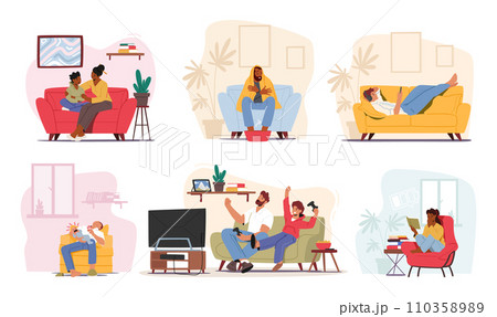 Set Of Male Female Characters On Their Couches. People Relax With Smartphone, Mother Speaking With Son, Playing Games 110358989